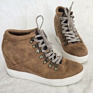 Not Rated TIBI Women's Size 7.5 M Hidden Wedge Sneaker Tan Brown Flannel Accent